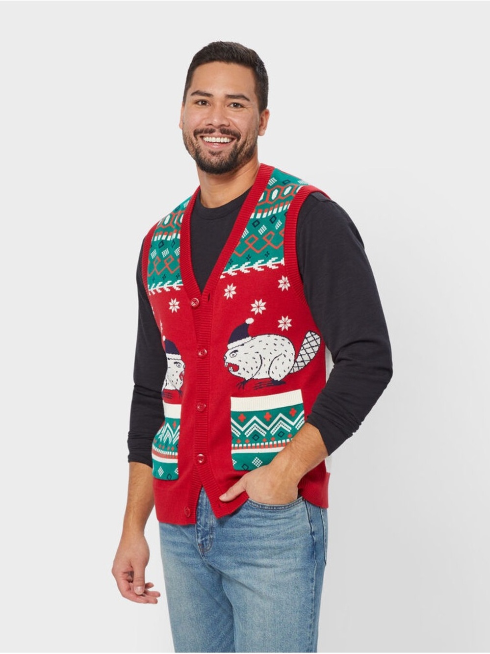 Duluth Trading Co Holiday Christmas Ugly Sweater Vest Men’s M NWT Beavers Skiing